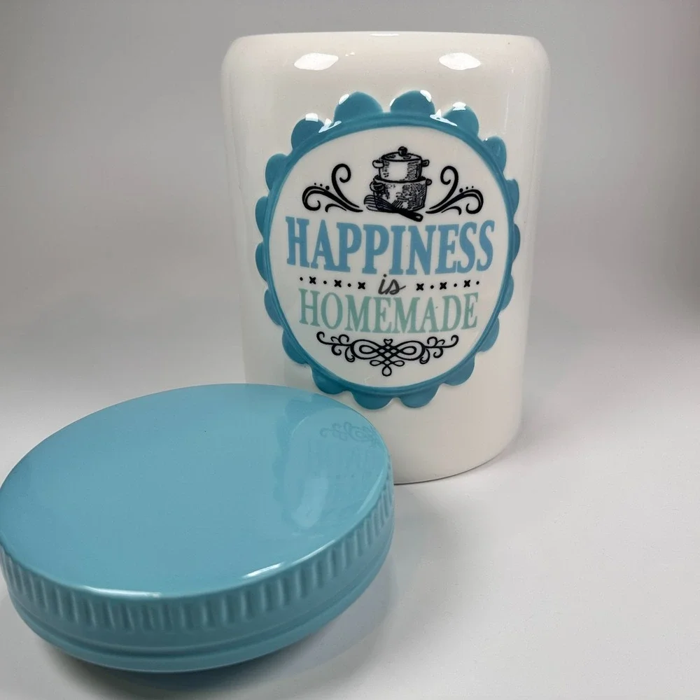 Cracker Barrel Cookie Jar 'Happiness is Homemade' Teal & White 8.5 x5.5